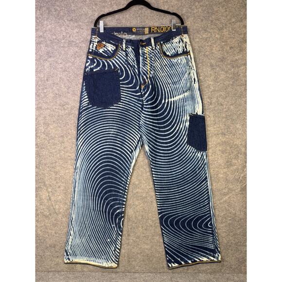 VTG Akademiks Jeans Men's Size 36 Denim Blue Patchwork Geometric Pattern Relaxed - Picture 1 of 8